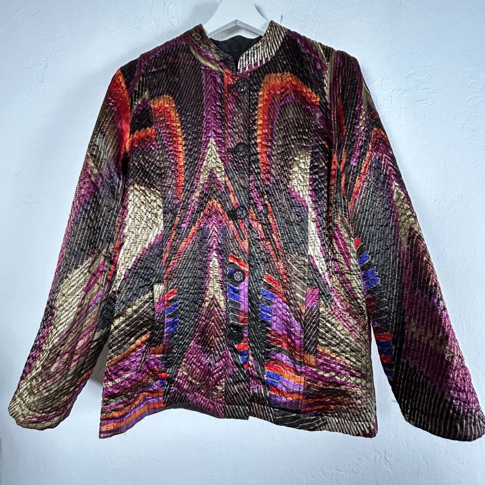 Chico's Womens Abstract Reversible Quilted Jacket Coat Blazer Size 1 Pockets